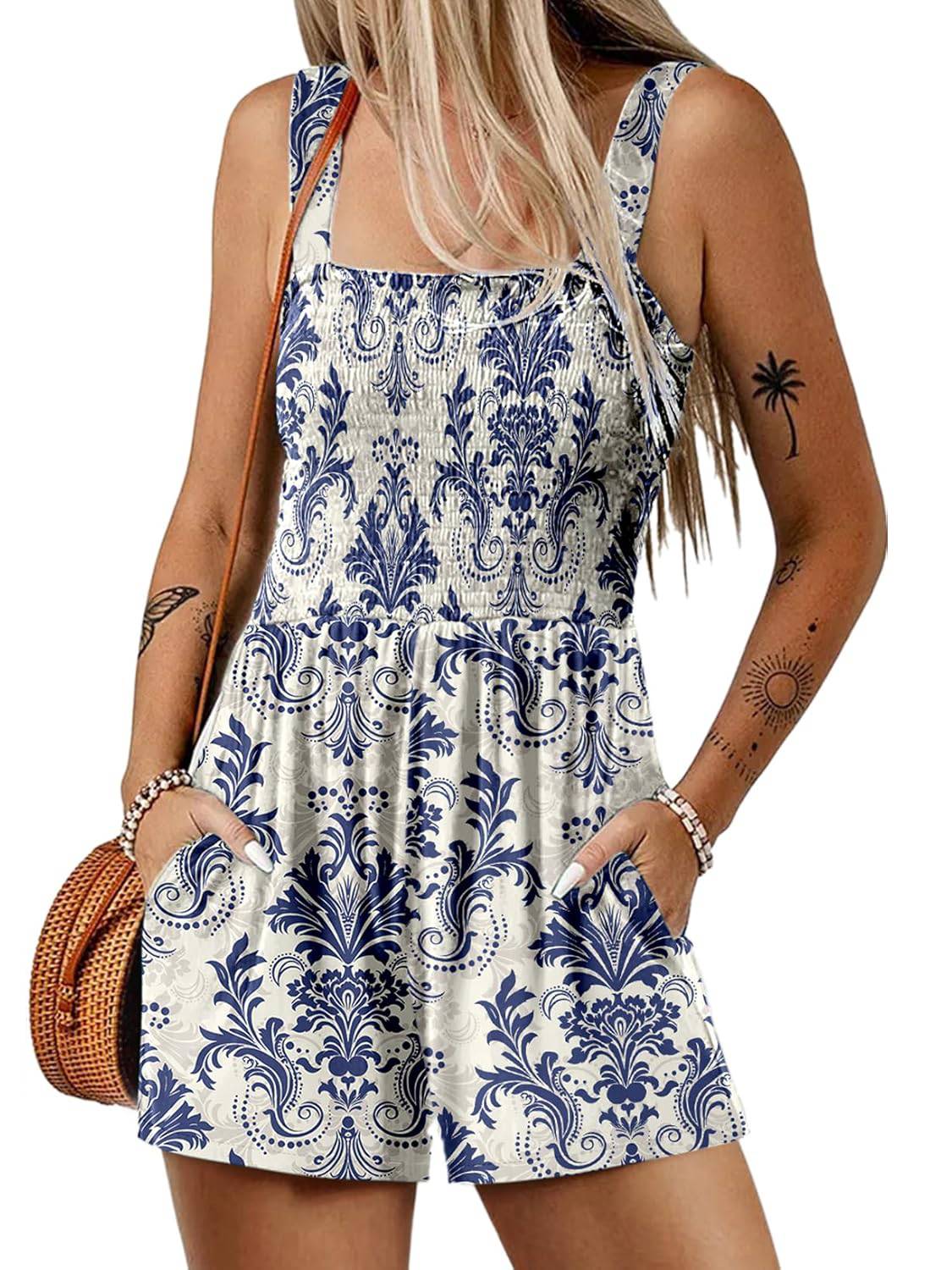 ⏰Hot Sale 49% rabatt💃Kvinnors sommar Fyrkantig halsringning Ärmlös Lös avslappnad kort Romper med smock