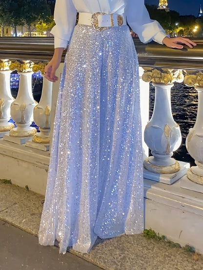 Elegant V-ringad långärmad skjorta + byxor med paljetter vid ben (med bälte)