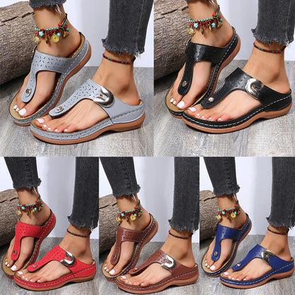 Sommar Nya Kvinnors Metall Dekor Feature Mönster Wedge Flip-Flops