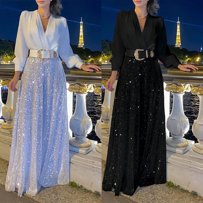 Elegant V-ringad långärmad skjorta + byxor med paljetter vid ben (med bälte)