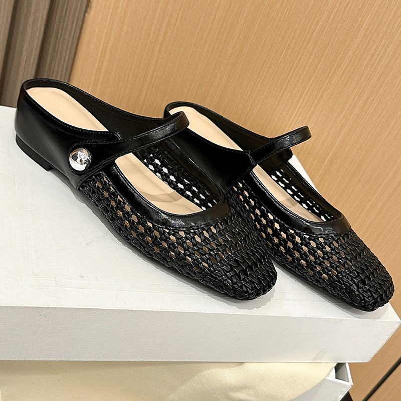 👡✨ 50% RABATT! | Vävda Mary Jane-mules med Fyrkantig Tå – Andningsbar, Bekväm & Trendig!