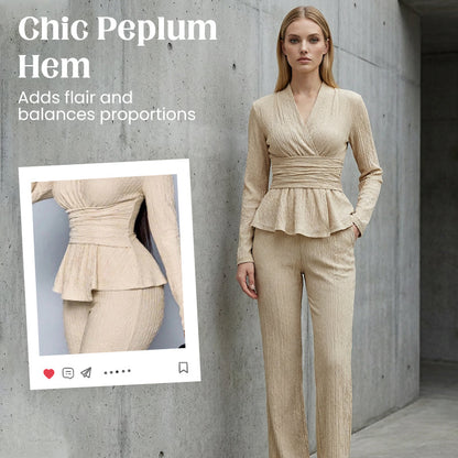 2-delat set med peplum-top och byxor för kvinnor