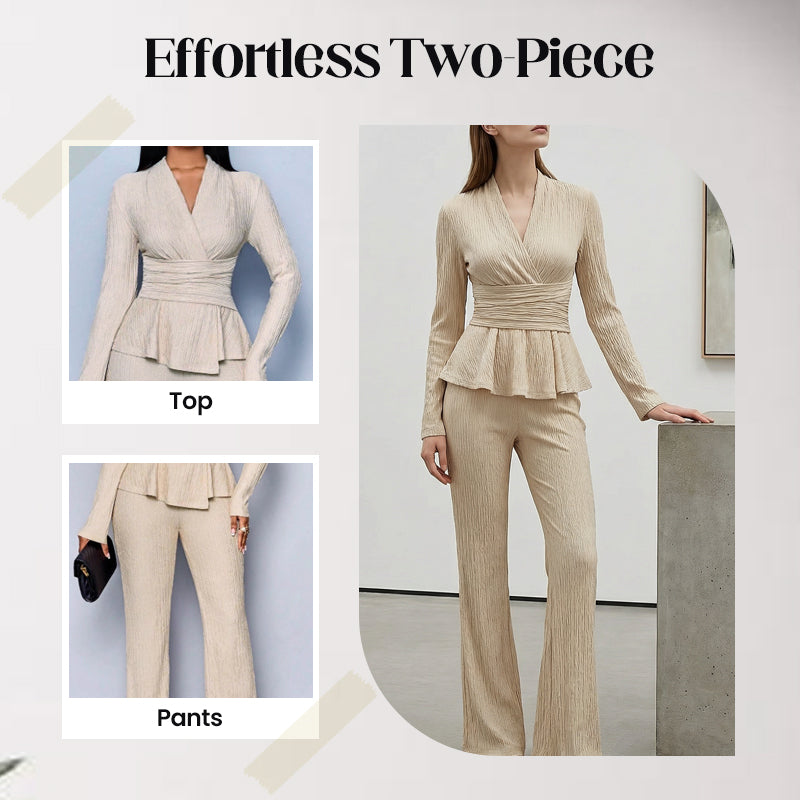 2-delat set med peplum-top och byxor för kvinnor