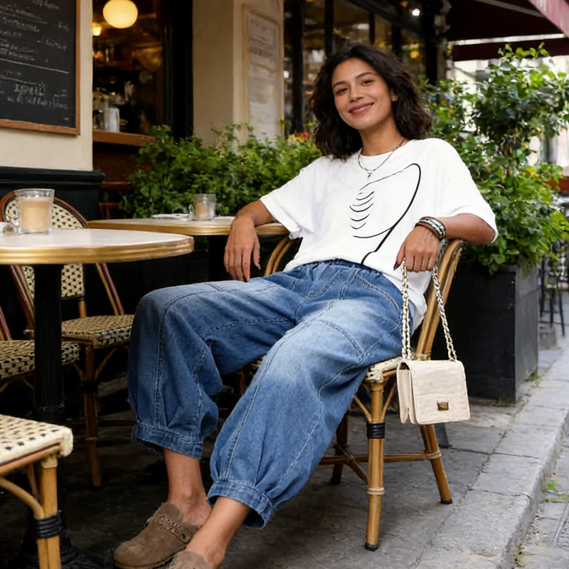 Kortare jeans med elastisk midja och lös passform för damer