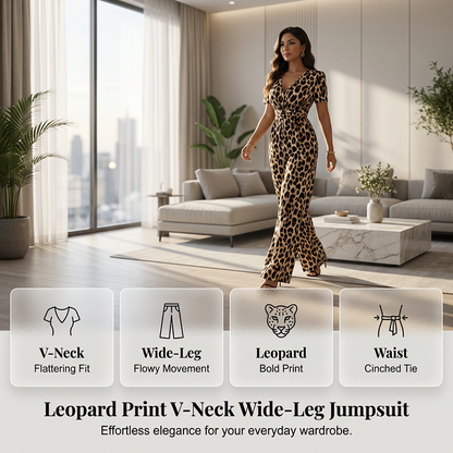 Jumpsuit med leopardmönster, V-ringning och vida ben