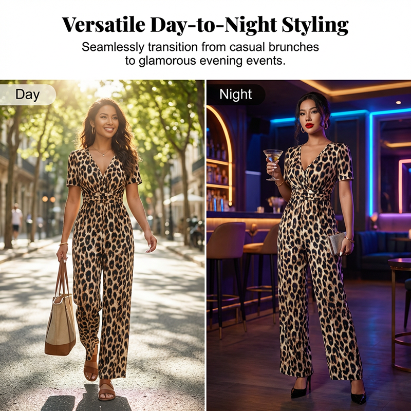 Jumpsuit med leopardmönster, V-ringning och vida ben