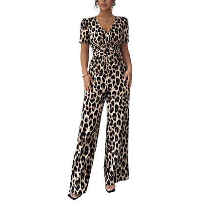 Jumpsuit med leopardmönster, V-ringning och vida ben